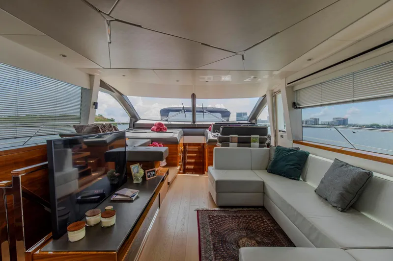 Slide: The Image of Luxurious interior of 2021 Sunseeker Manhattan 68 yacht with modern furnishings and scenic views. - 105