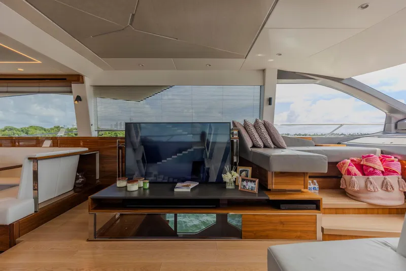 Slide: The Image of Luxurious interior of 2021 Sunseeker Manhattan 68 yacht with modern decor and large windows. - 107