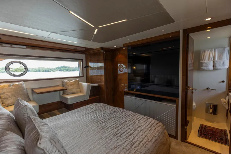 Slide: The Image of Luxurious interior of 2021 Sunseeker Manhattan 68 yacht with elegant bedroom and ensuite bathroom. - 51