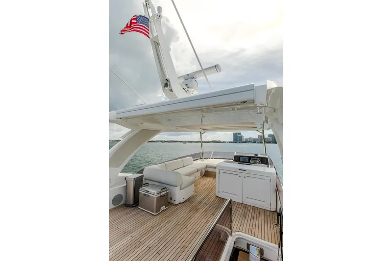 Slide: The Image of Luxurious 2021 Sunseeker Manhattan 68 yacht deck with seating and ocean view. - 61