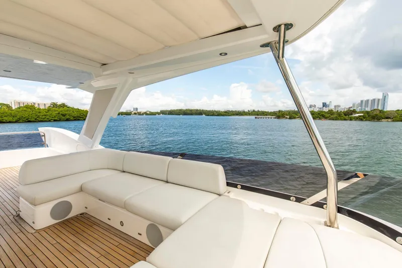 Slide: The Image of Luxurious Sunseeker Manhattan 68 yacht deck with scenic waterfront view, 2021 model. - 70