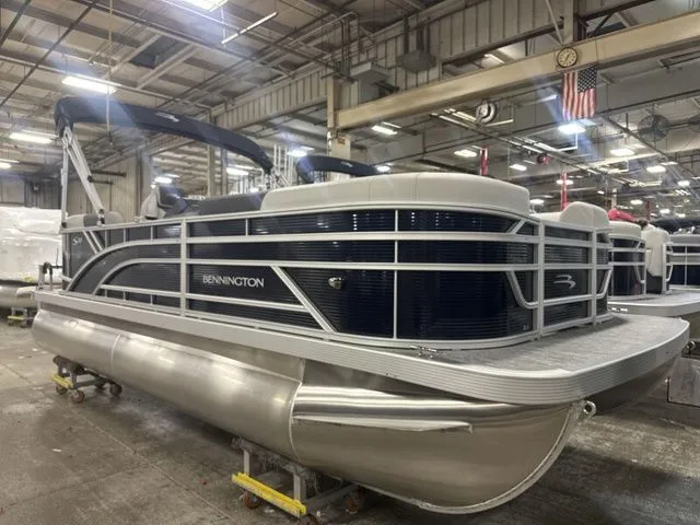 Slide: The Image of Bennington 20 S1SSR 2026 pontoon boat in factory setting. - 3