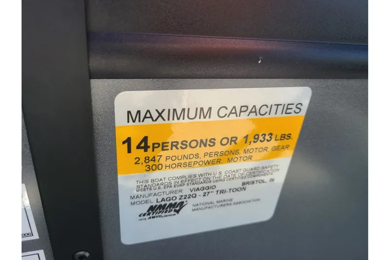 Slide: The Image of Viaggio Lago Z22Q 2025 boat capacity: 14 persons or 1,933 lbs. - 21