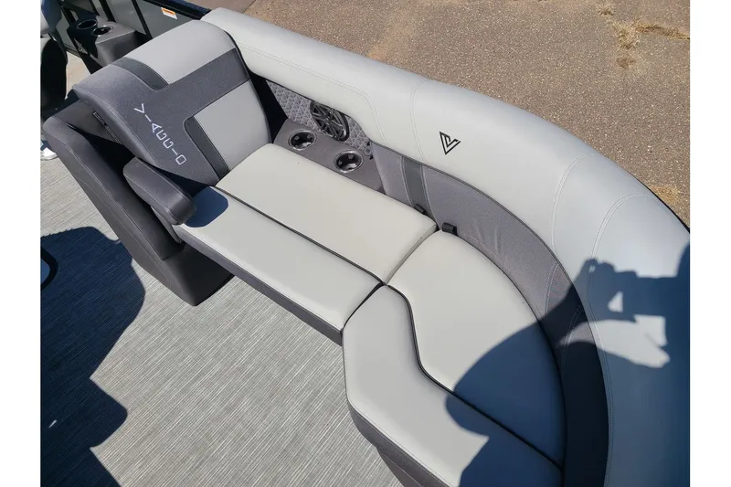 Slide: The Image of Viaggio Lago Z22Q 2025 boat seat with gray upholstery and cup holders. - 5