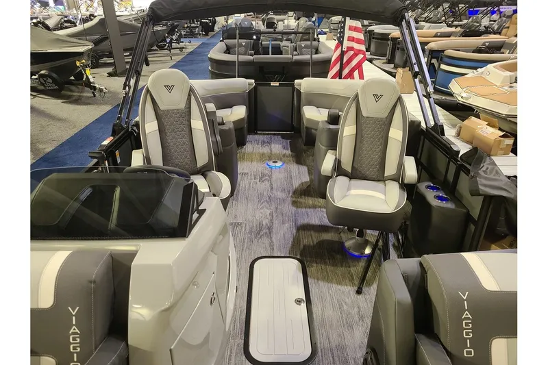 Slide: The Image of Interior of 2026 Viaggio Lago Z22U Tritoon with luxurious seating. - 6