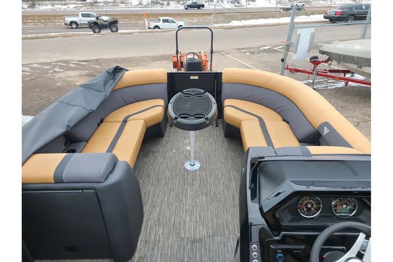 Slide: The Image of Interior view of Viaggio Lago X22Q pontoon boat, model year 2026. - 18