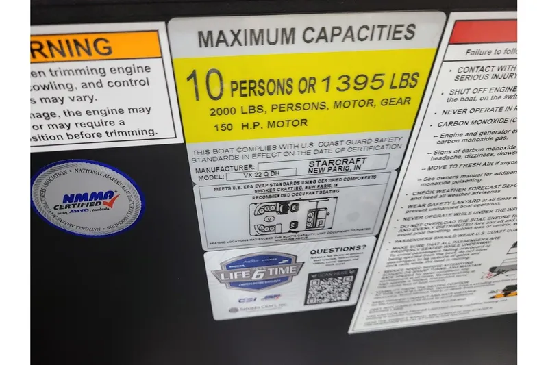 Slide: The Image of Starcraft VX 22Q DH 2026 boat capacity label, 10 persons or 1395 lbs. - 19