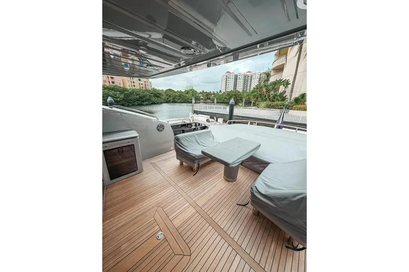 Slide: The Image of Luxurious Sunseeker Predator 84 yacht deck with covered seating, wooden flooring, and elegant design. - 5