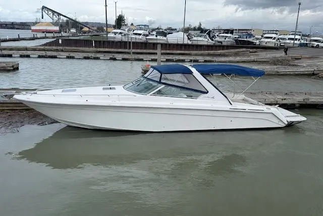 The Image of 1993 Sea Ray 38 Express boat docked in harbor under cloudy sky. - 0