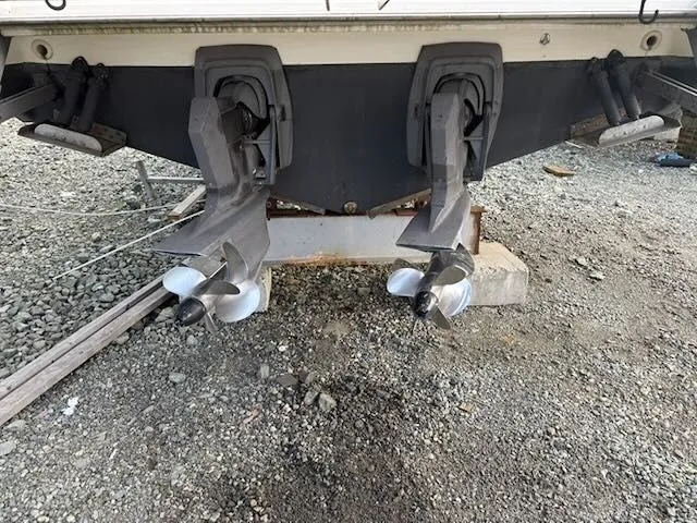 Slide: The Image of Rear view of 1993 Sea Ray 38 Express with dual propellers. - 3