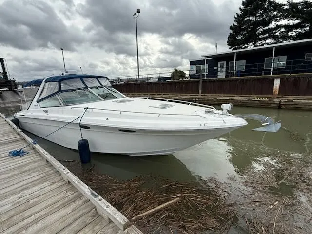Slide: The Image of 1993 Sea Ray 38 Express boat docked under cloudy skies. - 44