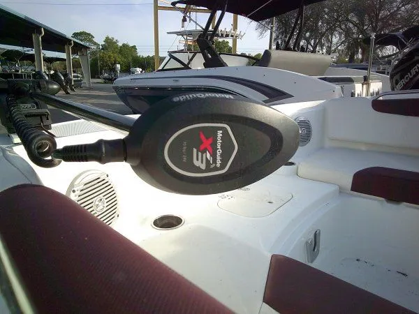Slide: The Image of Close-up of a 2019 Tahoe 1950 Deck boat with MotorGuide X3. - 10