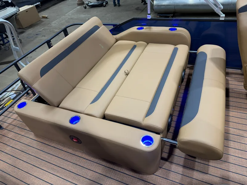 Slide: The Image of 2026 Bentley Pontoons Legacy 223 Swingback seating area with blue lighting. - 20