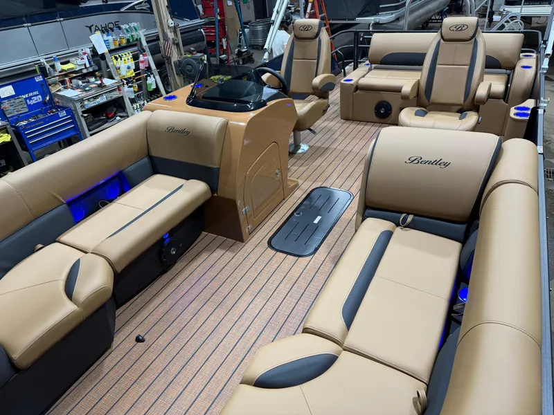 Slide: The Image of Interior of Bentley Pontoons Legacy 223 Swingback Tritoon, luxurious seating, 2026 model. - 35
