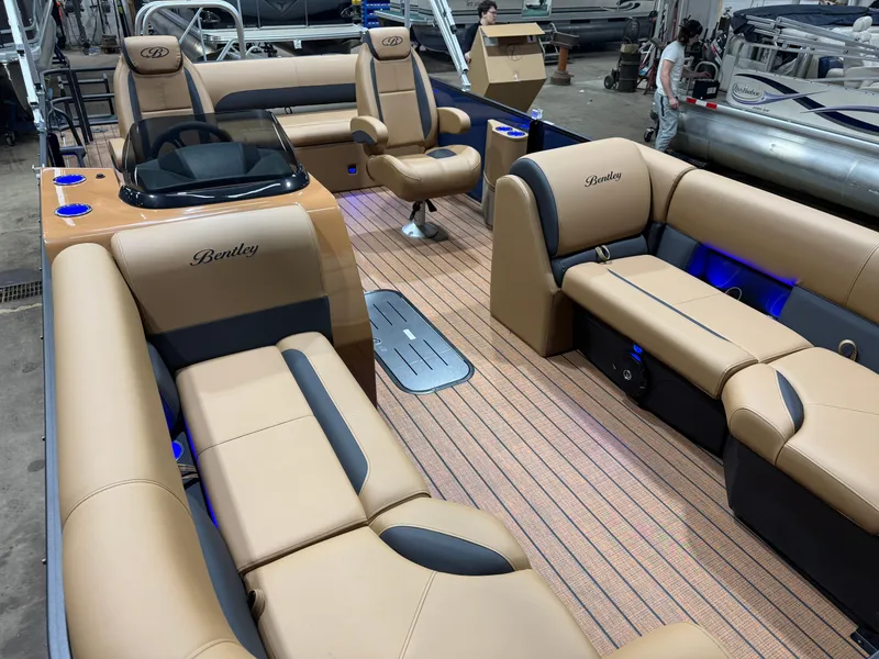 Slide: The Image of Interior of Bentley Pontoons Legacy 223 Swingback Tritoon, luxurious seating and modern design. - 36