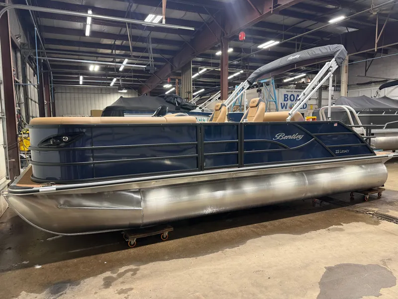 Slide: The Image of 2026 Bentley Pontoons Legacy 223 Tritoon in warehouse. - 42