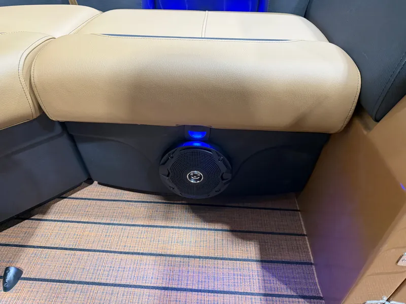 Slide: The Image of Interior of Bentley Pontoons Legacy 200 with speaker and leather seating. - 28