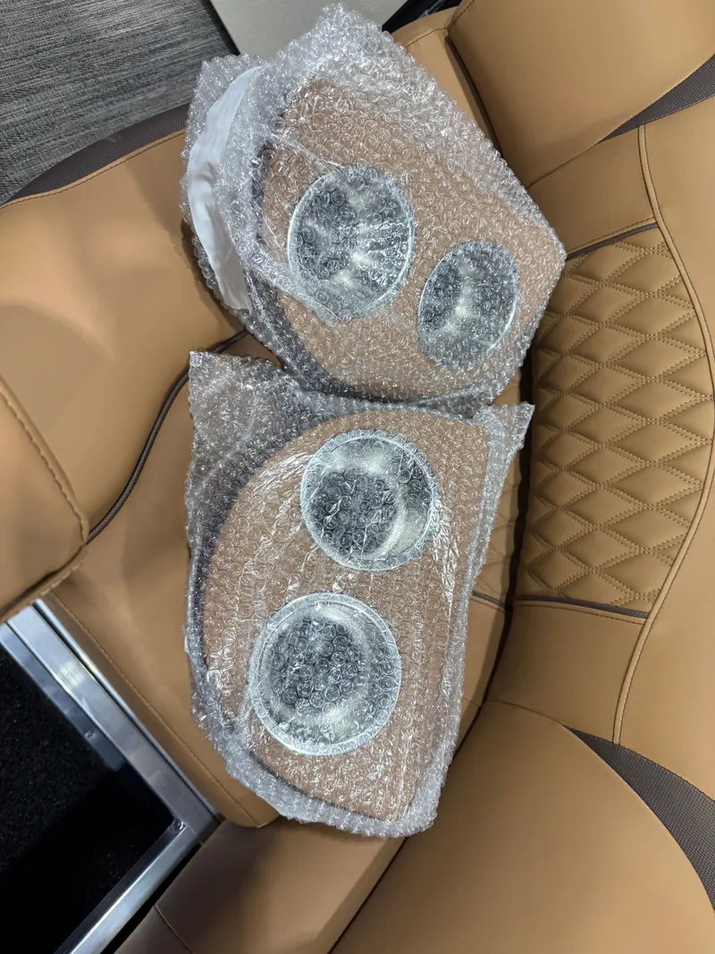 Slide: The Image of Wrapped speakers on leather seat in Tahoe Cascade 2385 Tritoon. - 35