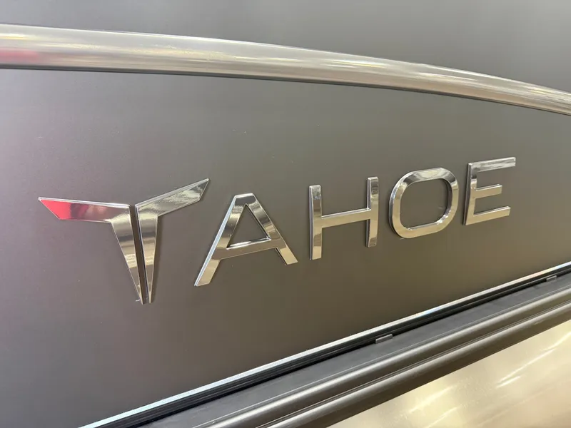 Slide: The Image of Tahoe Cascade 2385 Tritoon logo on gray background, 2025 model. - 44