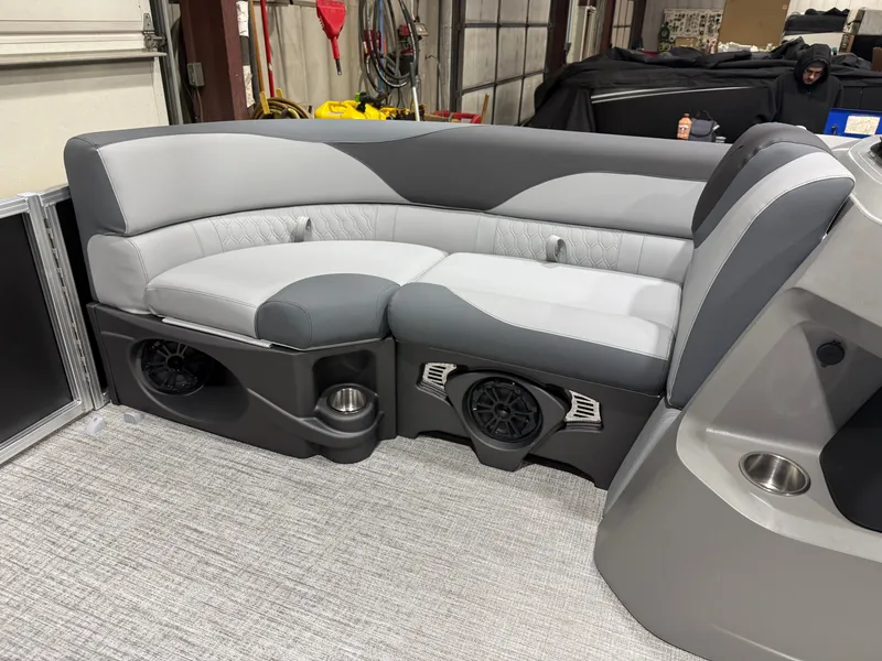 Slide: The Image of 2026 Tahoe LTZ 2385 Quad Lounge interior with gray upholstery. - 29