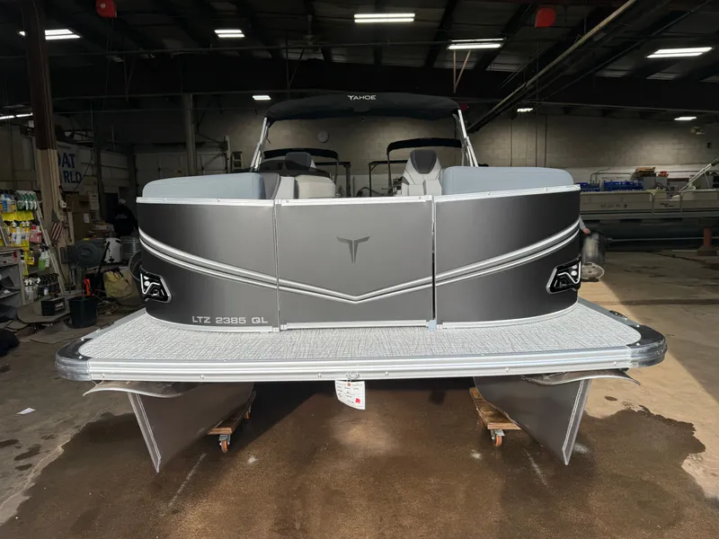 Slide: The Image of 2026 Tahoe LTZ 2385 Quad Lounge pontoon boat in warehouse. - 34