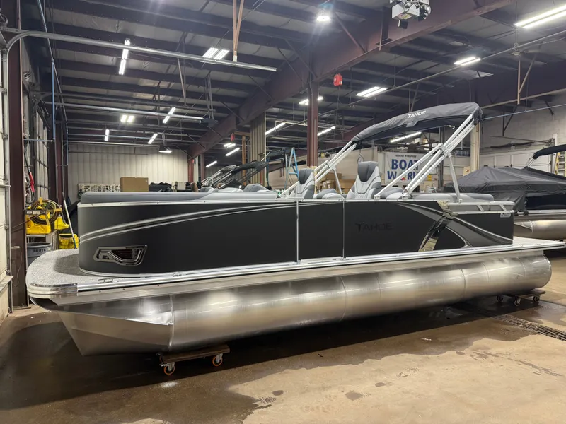Slide: The Image of 2026 Tahoe LTZ 2385 Quad Lounge pontoon boat in warehouse. - 37
