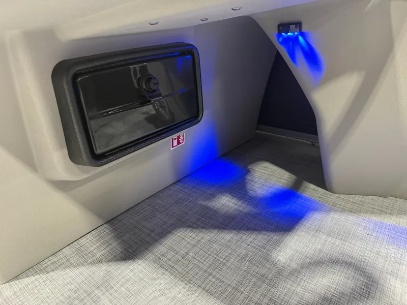 Slide: The Image of Interior of Princecraft Vectra 21 Pontoon with blue LED lighting, 2026 model. - 16