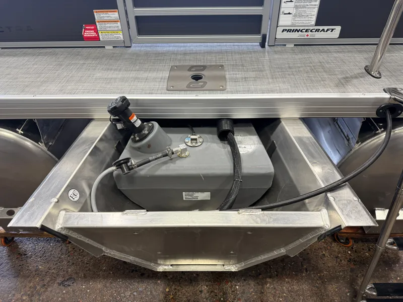 Slide: The Image of Princecraft Vectra 21 Pontoon with open engine compartment, year 2026. - 32