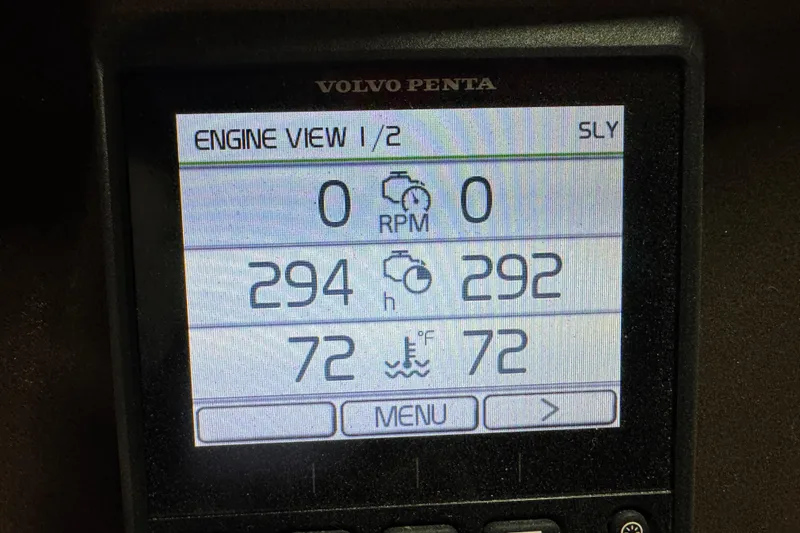Slide: The Image of Volvo Penta engine display showing RPM, hours, and temperature for Cobalt R35, 2019 model. - 19