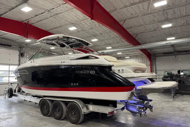 Slide: The Image of 2019 Cobalt R35 boat on trailer in indoor storage facility. - 3