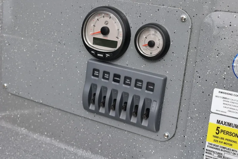 Slide: The Image of Control panel of 2026 Thunder Jet 209 Rush OT boat with gauges and switches. - 33