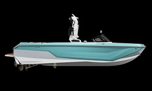 The Image of 2026 Nautique GS24 boat in turquoise on black background. - 1