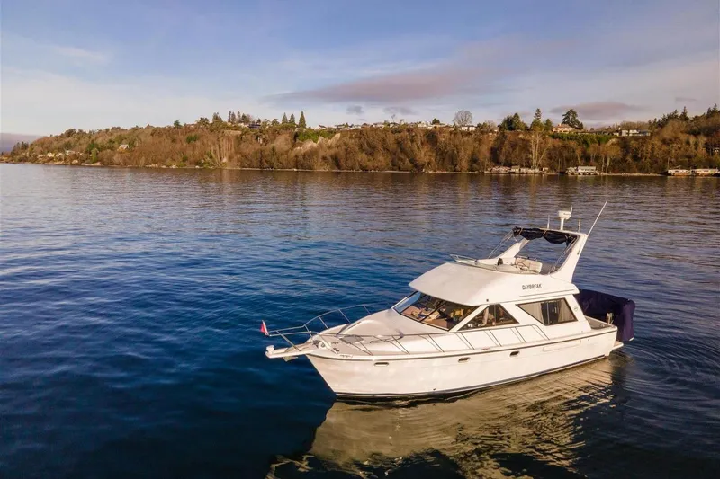 The Image of 2002 Bayliner 3988 Command Bridge Motoryacht cruising on a serene lake with scenic shoreline. - 0