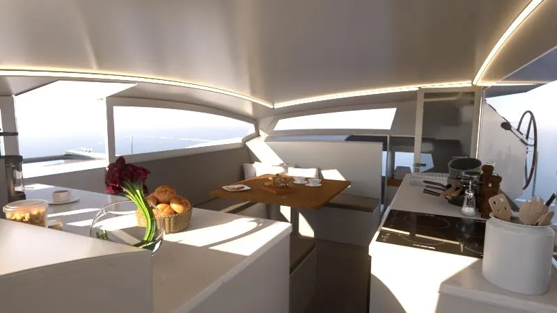 Slide: The Image of Modern interior of 2025 Catamaran Dual Flyer 400 with kitchen and dining area. - 14