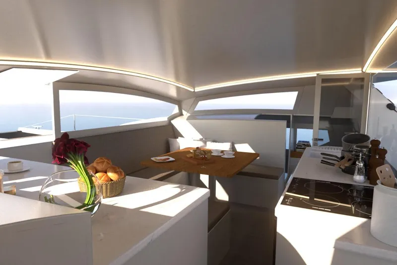 Slide: The Image of Luxurious interior of 2026 Catamaran Dual Flyer 400 with modern kitchen and dining area. - 15