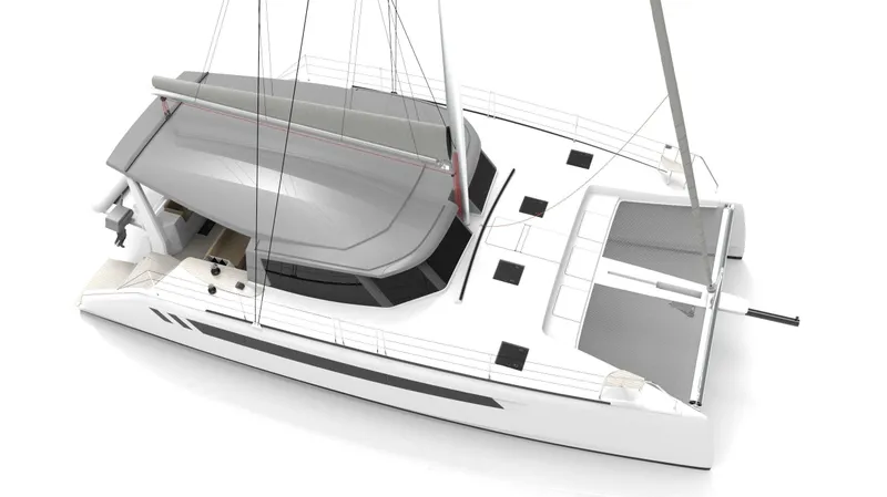 Slide: The Image of Seawind 1370 catamaran 2027, modern design, white structure, top view. - 9
