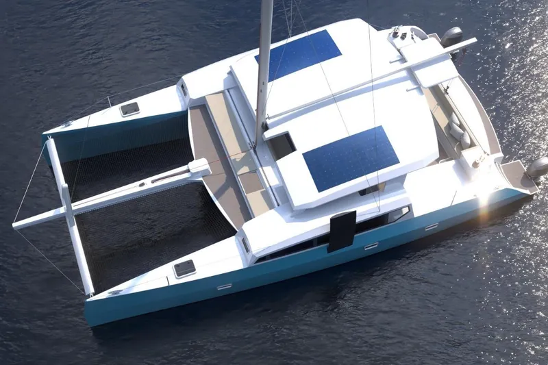 Slide: The Image of 2026 Catamaran Cruisers Island Hopper sailing on water, featuring solar panels and sleek design. - 3