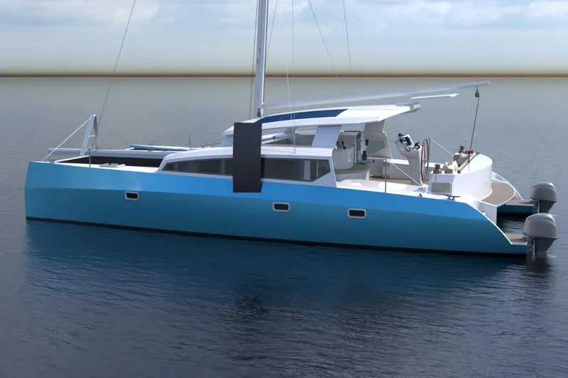 Slide: The Image of 2026 Catamaran Cruisers Island Hopper on calm water, showcasing sleek design and modern features. - 2