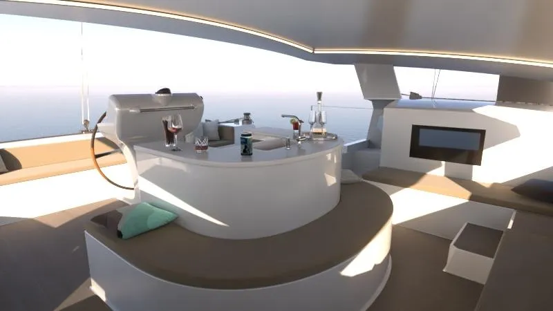 Slide: The Image of Modern interior of 2025 Catamaran Cruisers Day Sailor with sleek design and ocean view. - 6
