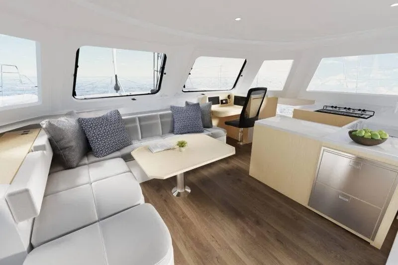 Slide: The Image of Luxurious interior of 2026 Seawind 1270 catamaran with modern furnishings and panoramic windows. - 18
