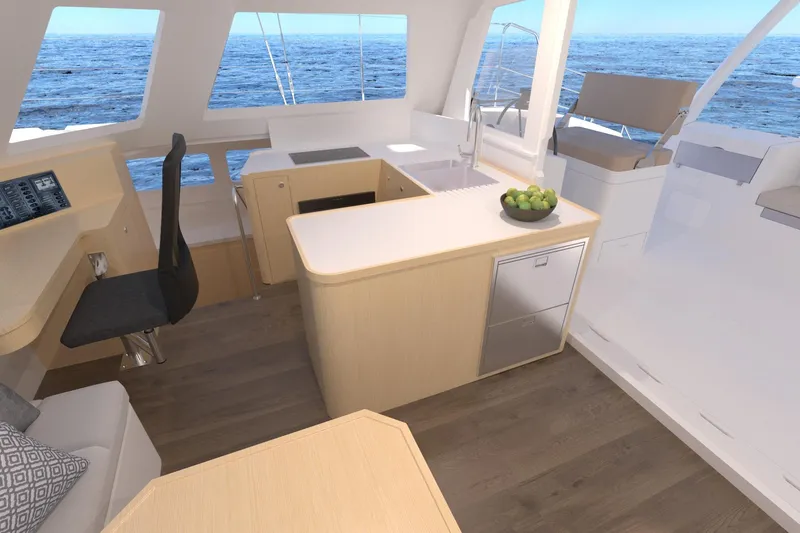 Slide: The Image of Modern interior of 2026 Seawind 1270 catamaran with ocean view and sleek kitchen design. - 21