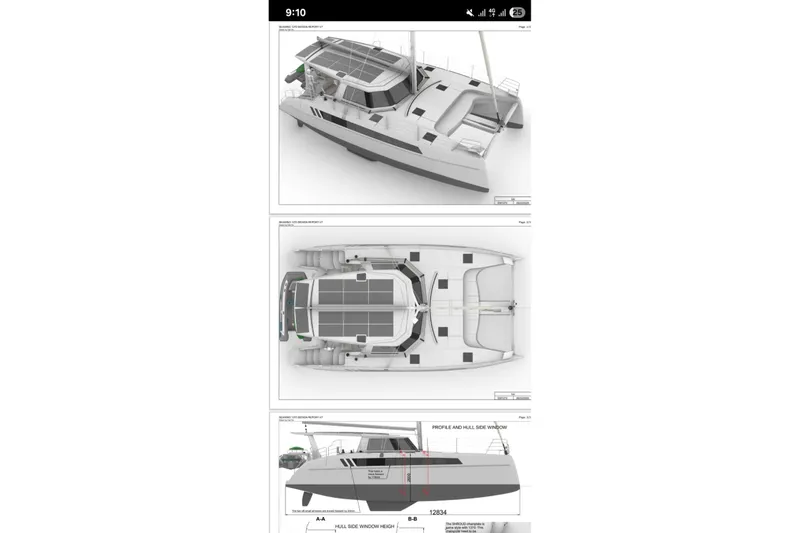 Slide: The Image of 2026 Seawind 1270 catamaran design with top and side views, showcasing sleek modern features. - 30