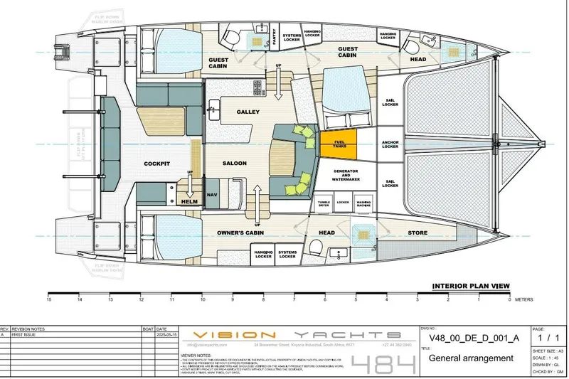 Slide: The Image of Interior plan view of Vision 484 yacht, 2026 model, showing cabins, saloon, and galley layout. - 4