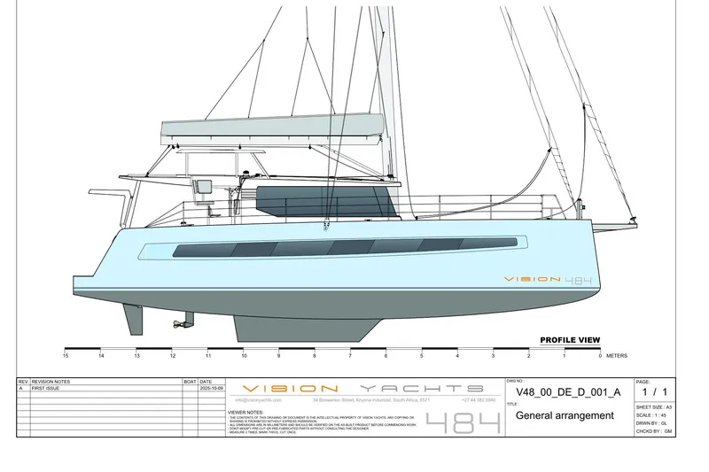 Slide: The Image of Profile view of Vision 484 yacht, 2027 model, showcasing sleek design and modern features. - 5