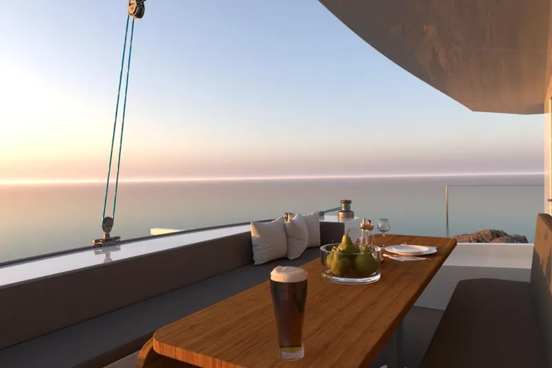 Slide: The Image of Luxurious Catamaran Dual Flyer 400 deck with ocean view, featuring elegant dining setup, 2026 model. - 17