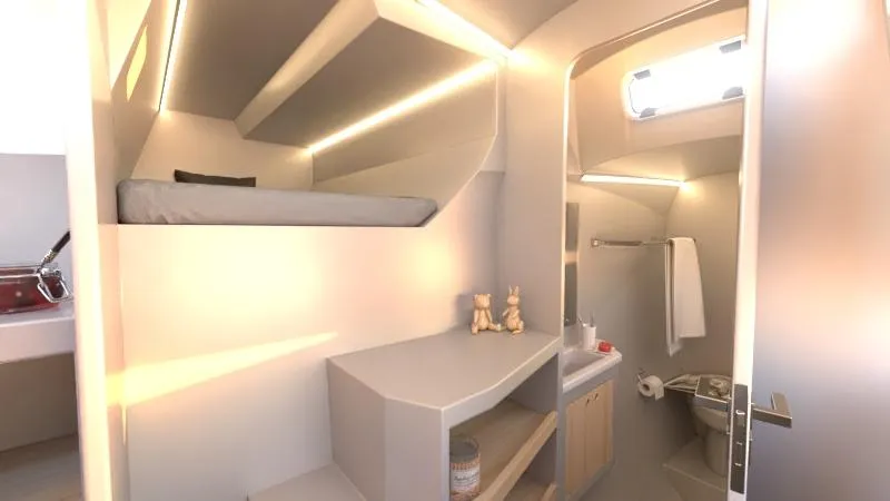 Slide: The Image of Modern interior of 2025 Catamaran Dual Flyer 400 with cozy sleeping area and compact bathroom. - 24