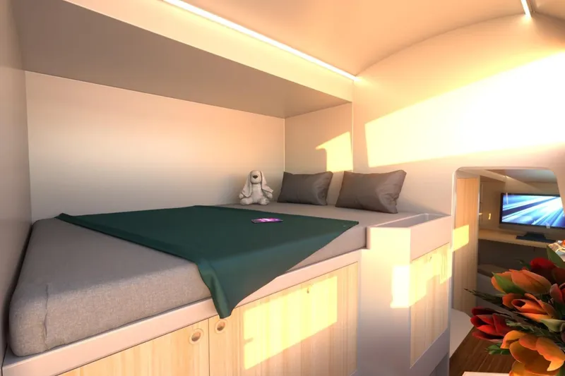 Slide: The Image of Cozy cabin interior of 2026 Catamaran Dual Flyer 400 with plush bedding and modern decor. - 30