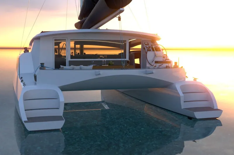 Slide: The Image of Futuristic 2026 Catamaran Dual Flyer 400 sailing at sunset on calm waters. - 7