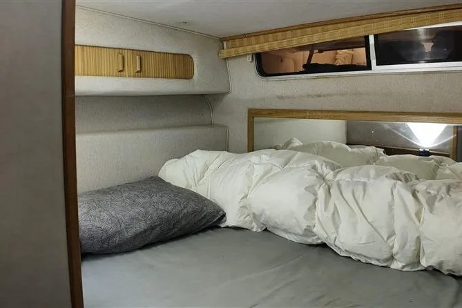 Slide: The Image of Cozy cabin interior of 1993 Sea Ray 290 Sundancer with bed and window. - 29