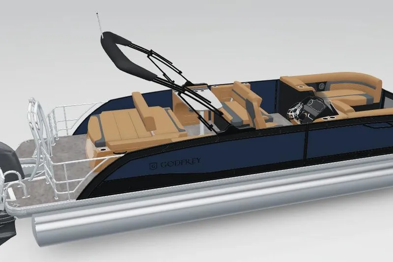 The Image of 2026 Godfrey Monaco 255 MTF pontoon boat with sleek design and luxurious seating. - 1